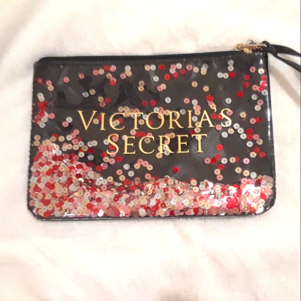 Victoria's Secret Floating Sequins Black Pink Red Gold Wristlet/Clutch NWOT - Picture 5 of 6